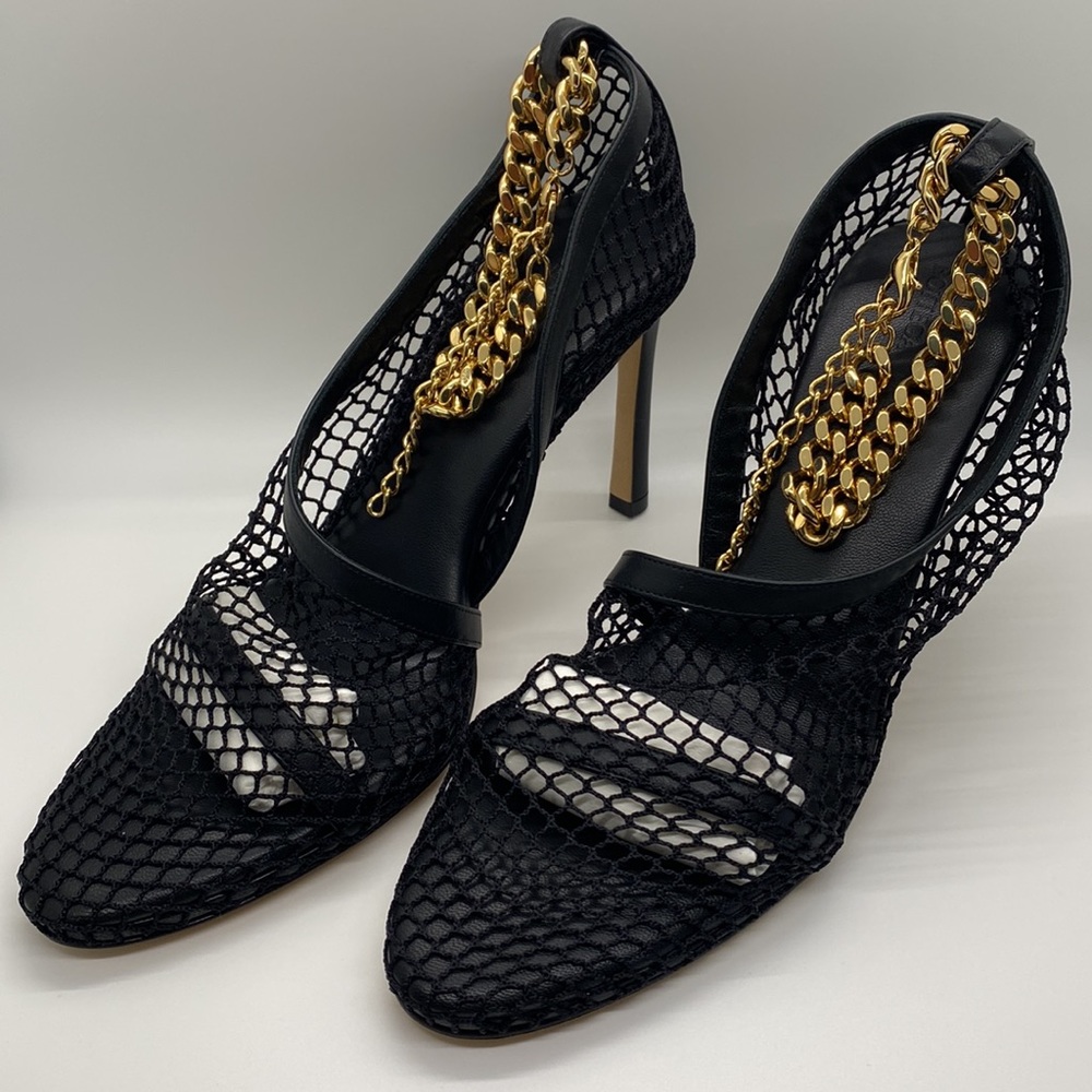 Bottega Veneta Sand Tex Pumps Mesh Gold-Tone Chain Ankle Strap New - Picture 8 of 13